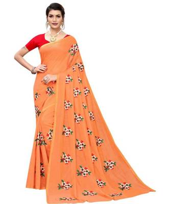 Orange Floral Embroidered Art Silk Saree With Blouse For Women 1