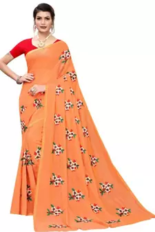 Orange Floral Embroidered Art Silk Saree With Blouse For Women
