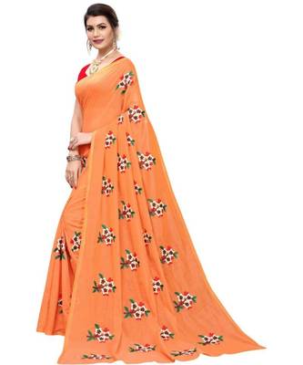 Orange Floral Embroidered Art Silk Saree With Blouse For Women 2