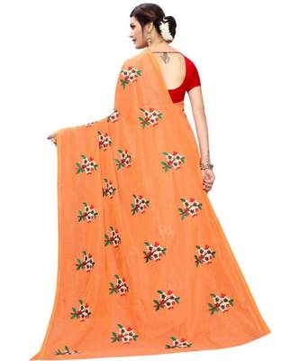 Orange Floral Embroidered Art Silk Saree With Blouse For Women 3