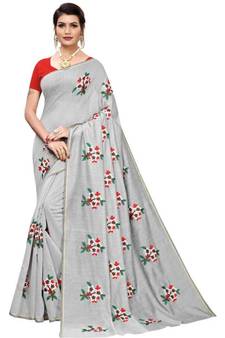 Grey Floral Embroidered Art Silk Saree With Blouse For Women