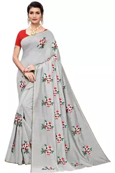 Grey Floral Embroidered Art Silk Saree With Blouse For Women