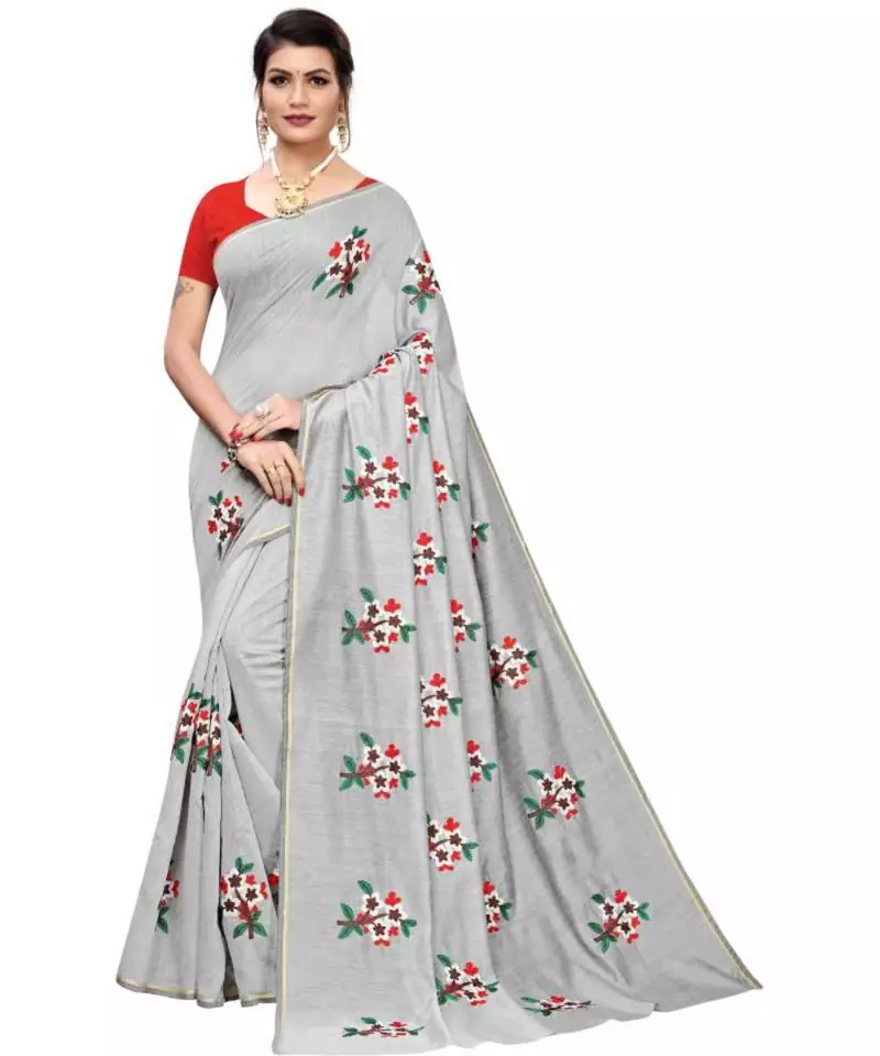 Grey Floral Embroidered Art Silk Saree With Blouse For Women