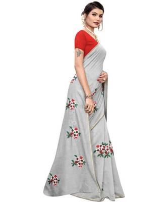 Grey Floral Embroidered Art Silk Saree With Blouse For Women 2
