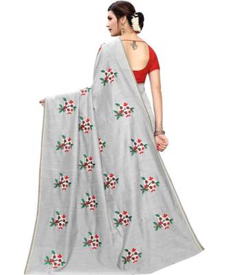 Grey Floral Embroidered Art Silk Saree With Blouse For Women 3