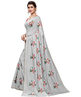 Grey Floral Embroidered Art Silk Saree With Blouse For Women 4