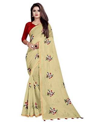 Beige Floral Embroidered Art Silk Saree With Blouse For Women 1