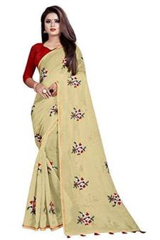 Beige Floral Embroidered Art Silk Saree With Blouse For Women