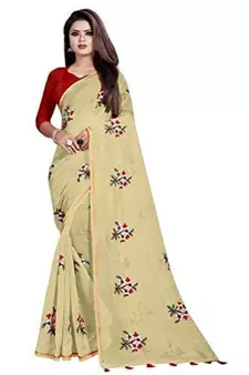 Beige Floral Embroidered Art Silk Saree With Blouse For Women