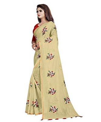 Beige Floral Embroidered Art Silk Saree With Blouse For Women 2