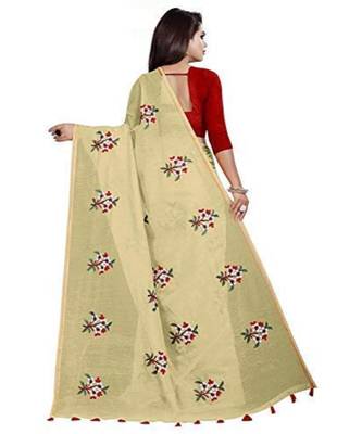 Beige Floral Embroidered Art Silk Saree With Blouse For Women 3