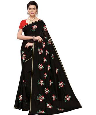 Black Floral Embroidered Art Silk Saree With Blouse For Women 1