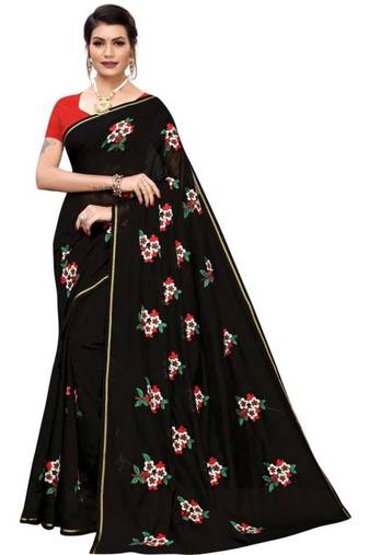 Black Floral Embroidered Art Silk Saree With Blouse For Women