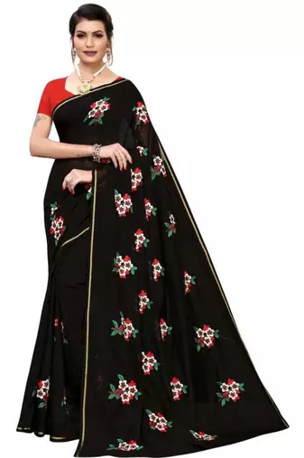 Black Floral Embroidered Art Silk Saree With Blouse For Women