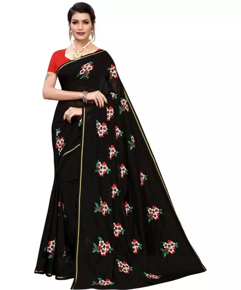 Black Floral Embroidered Art Silk Saree With Blouse For Women