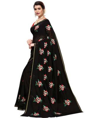Black Floral Embroidered Art Silk Saree With Blouse For Women 2