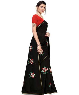 Black Floral Embroidered Art Silk Saree With Blouse For Women 3