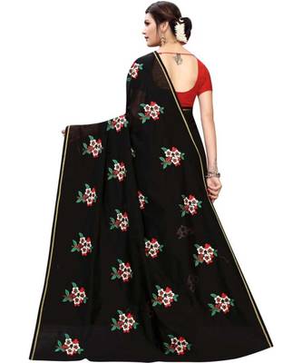 Black Floral Embroidered Art Silk Saree With Blouse For Women 4