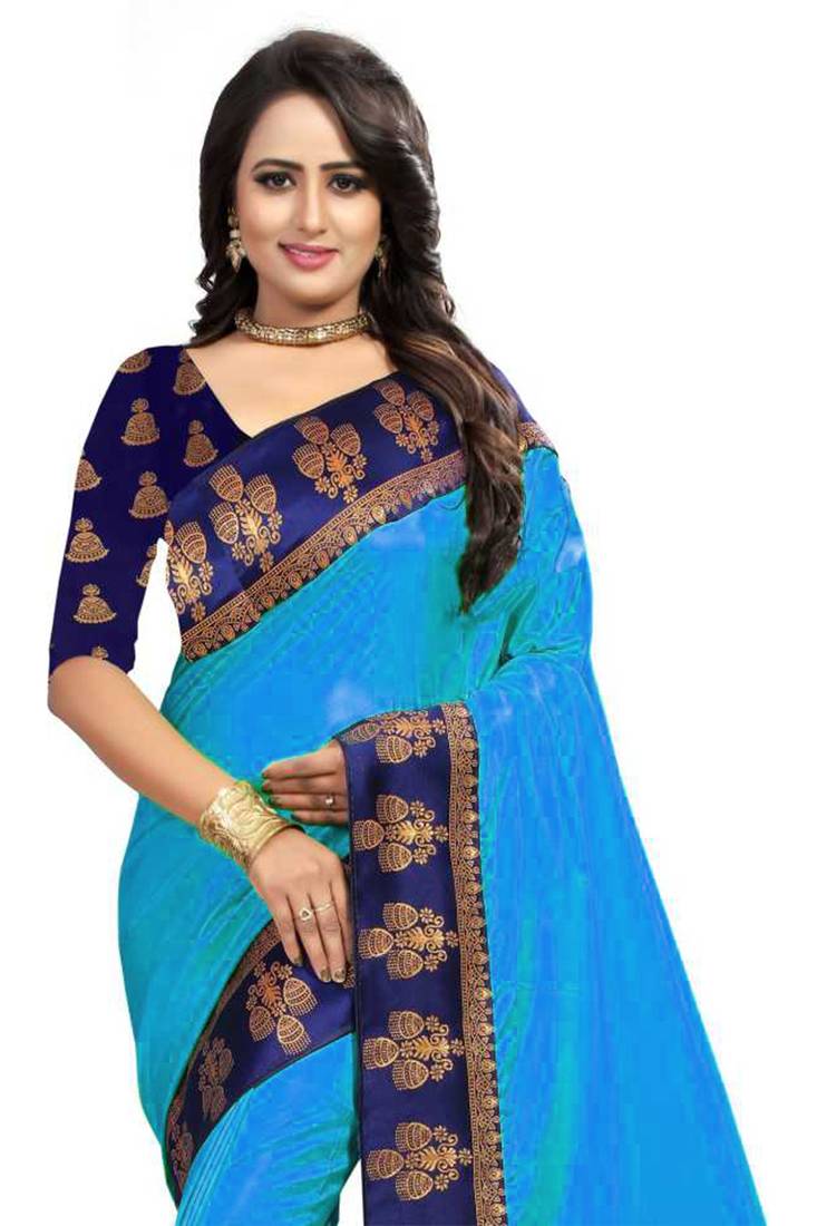 Teal Plain Border Art Silk Saree With Blouse For Women
