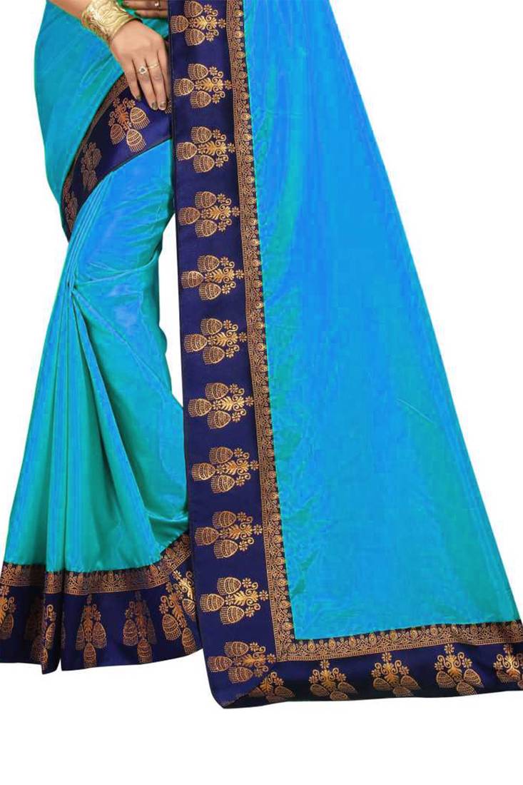 Teal Plain Border Art Silk Saree With Blouse For Women
