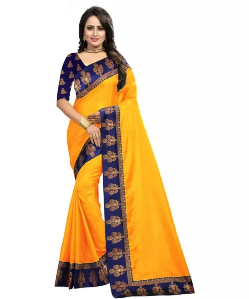 Yellow Plain  Border Art Silk Saree With Blouse For Women