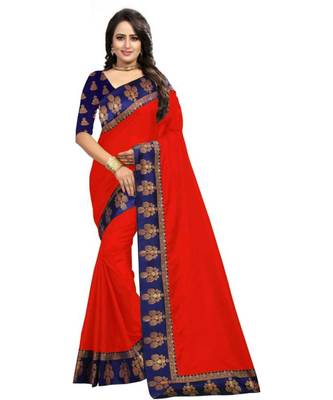 Red Plain Border  Art Silk Saree With Blouse For Women 1