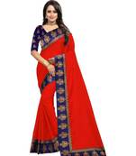 Red Plain Border  Art Silk Saree With Blouse For Women