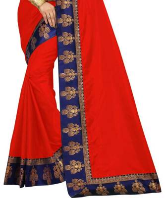 Red Plain Border  Art Silk Saree With Blouse For Women 2