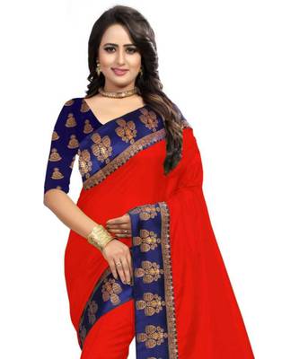 Red Plain Border  Art Silk Saree With Blouse For Women 3