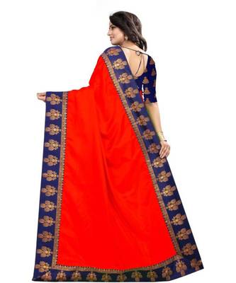 Red Plain Border  Art Silk Saree With Blouse For Women 4