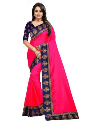 Pink Plain  Border  Art Silk Saree With Blouse For Women 1