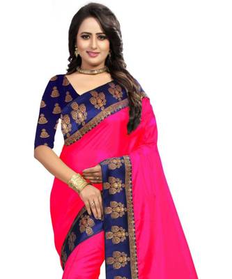 Pink Plain  Border  Art Silk Saree With Blouse For Women 3