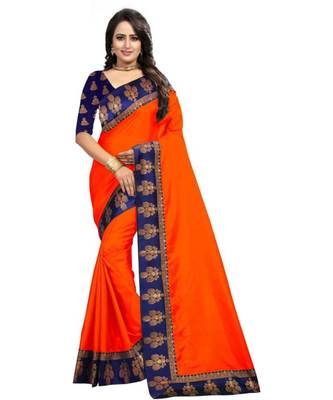 Orange Plain  Border Art Silk Saree With Blouse For Women 1