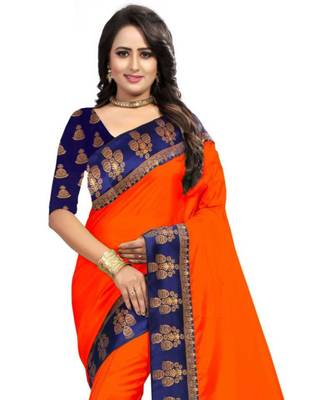 Orange Plain  Border Art Silk Saree With Blouse For Women 3