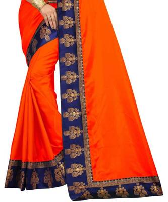 Orange Plain  Border Art Silk Saree With Blouse For Women 4