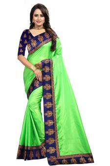 Green Plain Border  Art Silk Saree With Blouse For Women