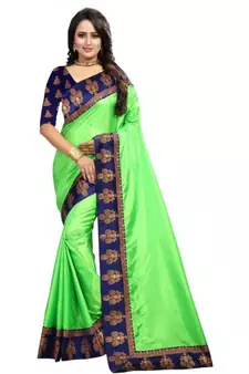 Green Plain Border  Art Silk Saree With Blouse For Women