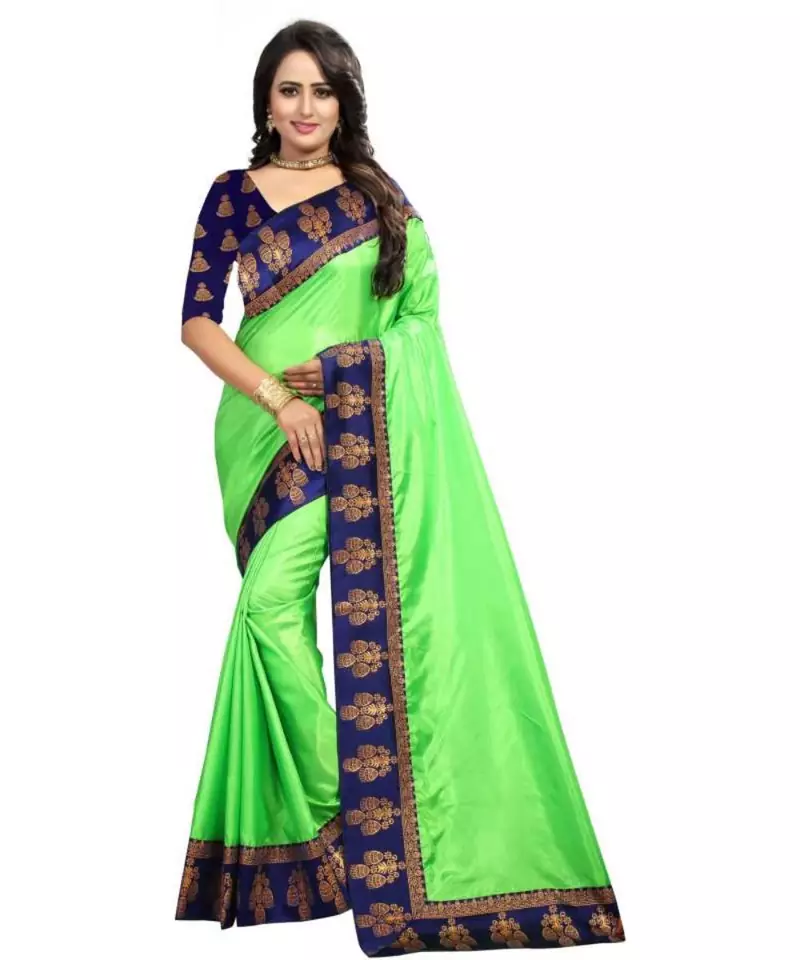Green Plain Border  Art Silk Saree With Blouse For Women