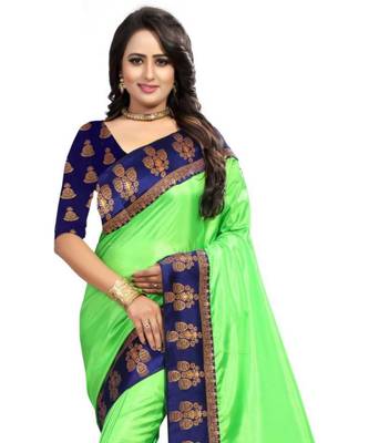 Green Plain Border  Art Silk Saree With Blouse For Women 2