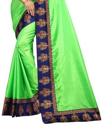 Green Plain Border  Art Silk Saree With Blouse For Women 4