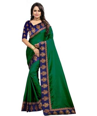 Dark Green Plain Border  Art Silk Saree With Blouse For Women 1