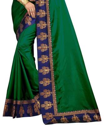 Dark Green Plain Border  Art Silk Saree With Blouse For Women 2