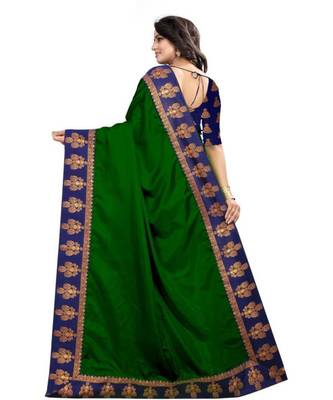 Dark Green Plain Border  Art Silk Saree With Blouse For Women 3
