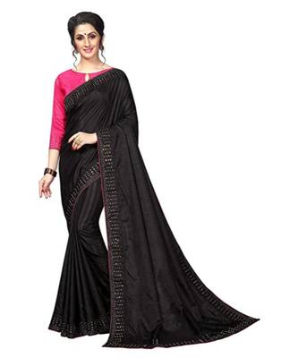Black Stone Work Embroidered Art Silk Saree With Blouse For Women 1