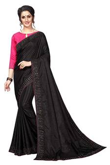 Black Stone Work Embroidered Art Silk Saree With Blouse For Women