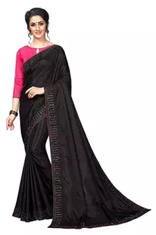 Black Stone Work Embroidered Art Silk Saree With Blouse For Women