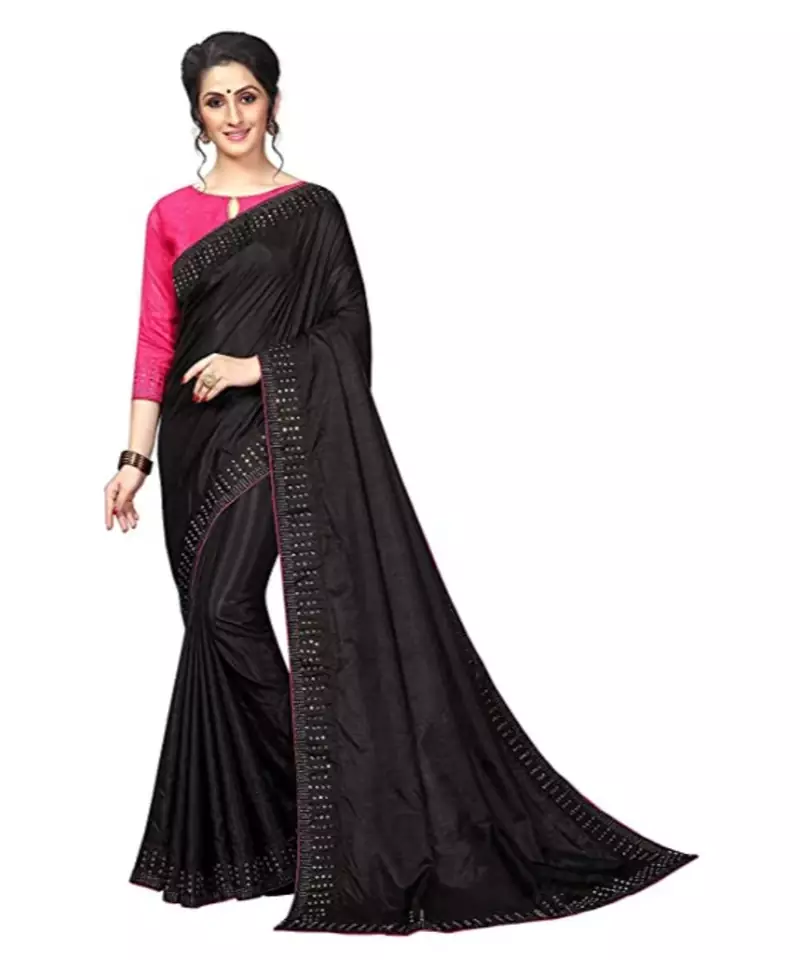 Black Stone Work Embroidered Art Silk Saree With Blouse For Women