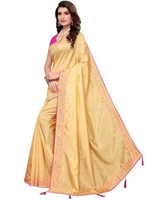 Beige Stone Work Embroidered Art Silk Saree With Blouse For Women 1