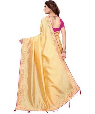 Beige Stone Work Embroidered Art Silk Saree With Blouse For Women 2