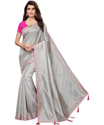 Grey Stone Work Embroidered Art Silk Saree With Blouse For Women 1
